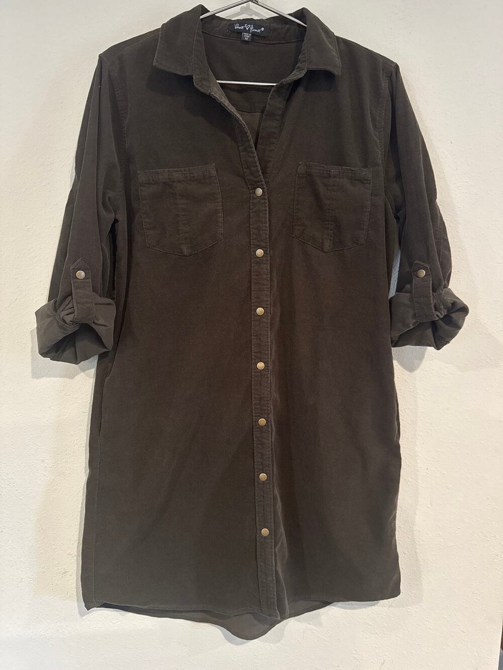 Velvet Heart M Brown Corduroy Snap Front Shirt Dress Roll Tab Sleeve